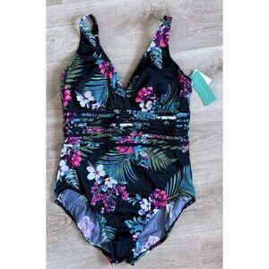 NEW AquaGreen Womens One Piece Swimsuit Sz XL Swimwear Black Floral Waist